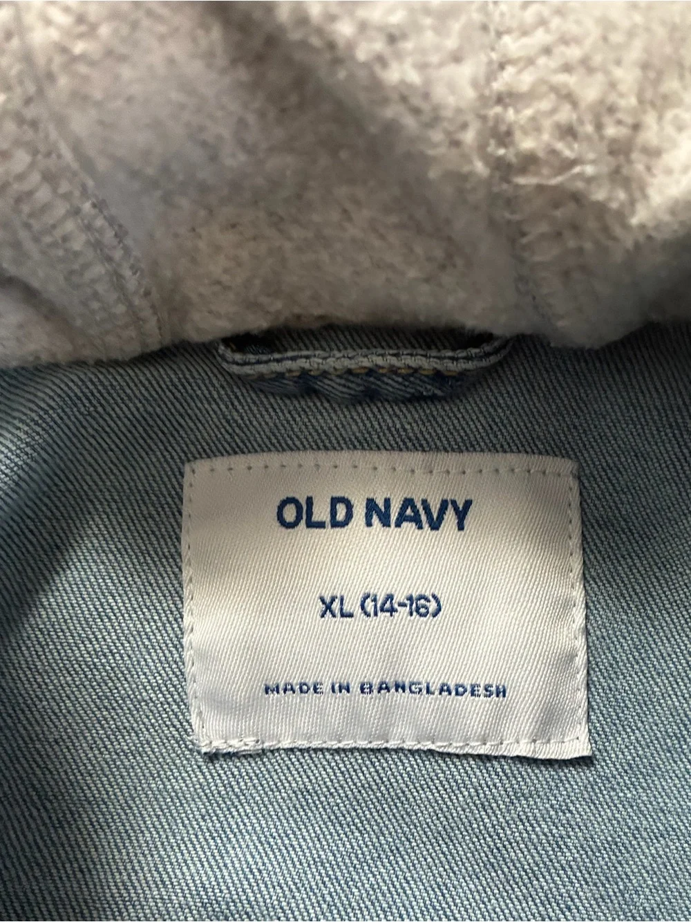 Old Navy Blue Light Wash Denim Button Jacket Gray Fleece Hood Kids XL 14/16